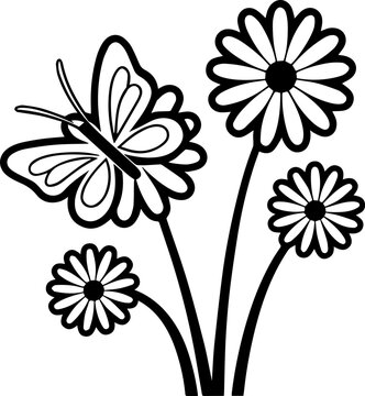 
SVG vector illustration of a butterfly among wildflowers.Butterfly and Flower Line Art in Black and White