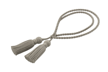 Elegant grey decorative rope with two matching tassels, perfect for drapery tie-backs, ornamental accents, or craft projects. background removed
