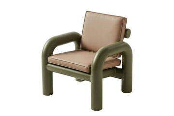 Fototapeta premium A contemporary armchair featuring a distinctive thick, rounded olive green frame with plush light brown leather cushions, presented against a solid dark transparent background. background removed
