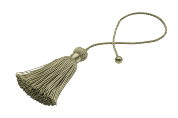 A stylish single decorative tassel in a muted gold-beige color, featuring a twisted cord with a small spherical bead, isolated on a dark transparent background. background removed