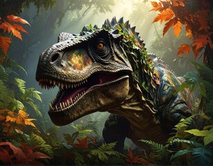 Large dinosaur emerging from lush green and fiery autumn foliage