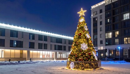 Large decorated outdoor tree with star, lights, and urban background at dusk