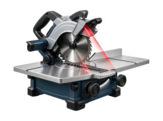 Dual-bevel table saw with laser guide for accurate angled cuts in woodworking.
