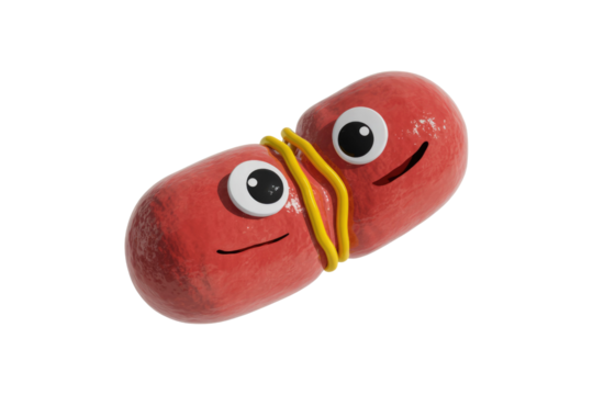 Two smiling red capsule-like characters, with big eyes, playfully linked by a yellow squiggle on a transparent background. background removed