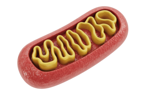 3D rendering of a mitochondrion, showing its outer membrane and characteristic folded inner membrane (cristae), vital for cellular energy production. background removed