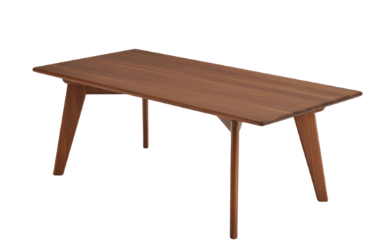 Sleek rectangular wooden table featuring a dark brown finish, minimalist design, and elegant splayed legs, ideal for contemporary interiors. background removed