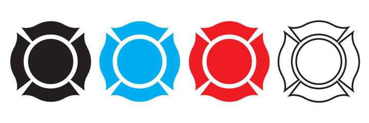 Firefighter emblem icon . Colorful firefighter badge icons . Collection of firefighter shield icons in black, blue, red, and outline styles, symbolizing safety, rescue, and emergency services.

