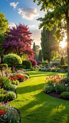Obraz premium Lush garden path with vibrant flowers and colorful trees under sunny skies