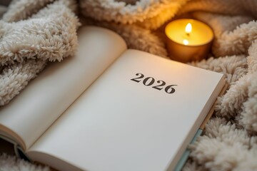 Open notebook showing 2026 under warm candlelight and soft blanket, symbolizing reflection, hope, and peaceful new beginnings.