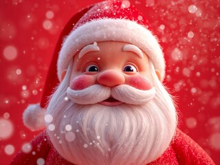Cheerful cartoon Santa Claus smiling with snowy sparkle on red background, symbolizing Christmas joy, holiday spirit, and festive celebration.