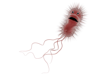 A cartoonish 3D rendering of a red bacterium with spiky pili, waving flagella, and a surprised facial expression. background removed