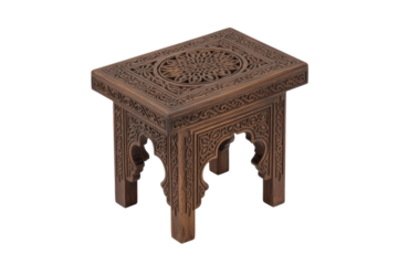 Ornate dark wooden side table or stool with intricate Moroccan carving, central floral medallion, and arched legs, perfect for accent decor. background removed