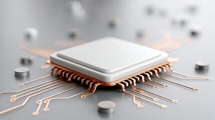 Close up macro shot of a white square semiconductor chip with copper wiring and pins on a metallic gray surface with shallow depth of field and soft lighting