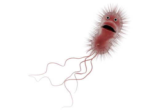 A cartoonish 3D rendering of a red bacterium with spiky pili, waving flagella, and a surprised facial expression. background removed