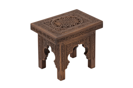 Ornate dark wooden side table or stool with intricate Moroccan carving, central floral medallion, and arched legs, perfect for accent decor. background removed - Powered by Adobe