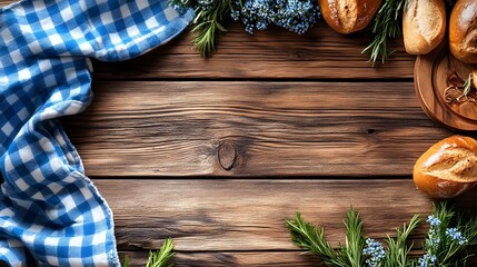 Enjoying freshly baked bread surrounded by herbs and a blue checkered cloth on a wooden table
