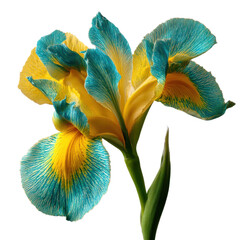 A beautiful iris flower has bright blue and yellow petals with intricate patterns on a clean background
