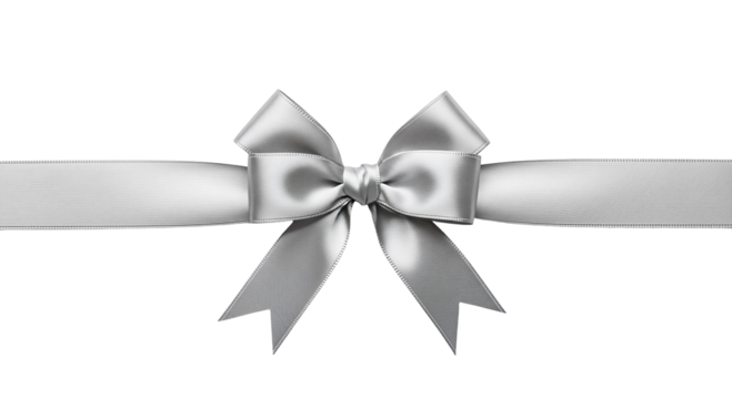 Elegant silver ribbon bow decorative satin element isolated on white background for gift wrapping and holiday designs