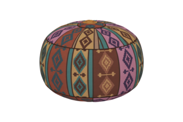 A colorful, spherical object featuring a vibrant ethnic pattern with geometric diamonds and stripes, resembling a decorative pouf or ottoman. background removed