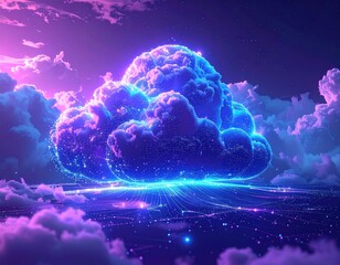 Obraz premium Neon-lit cloudscape with glowing digital connections & cosmic glow