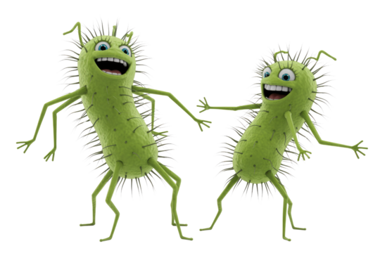 Two cheerful green cartoon bacteria characters with spiky bodies, big smiles, and blue eyes are happily dancing, symbolizing playful microbiology. background removed