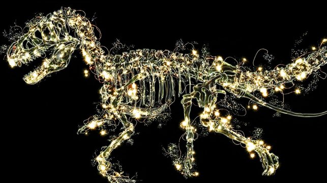 rearranged. Fossilized bone fragments suspended as glowing puzzle pieces forming an unknown dinosaur silhouette. wildlife magazines.