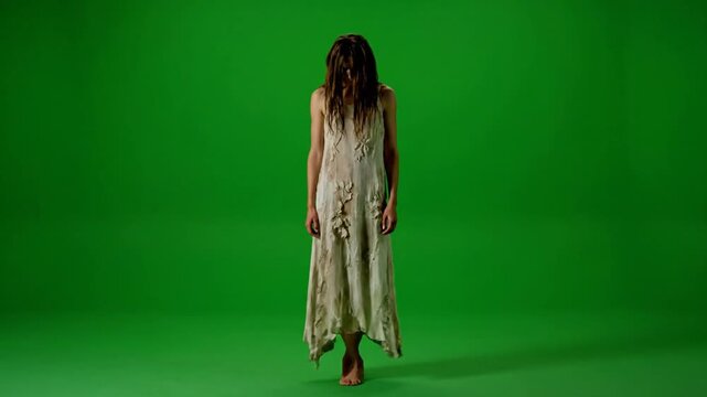 Eerie Young Woman in Tattered Dress Stands Barefoot on Green Screen Background