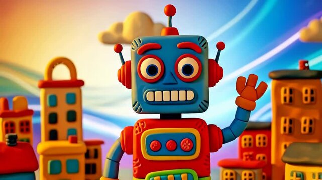 Friendly Claymation Robot Waving in a Colorful Miniature City Stop Motion