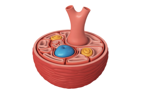3D anatomical cross-section of a complex organ or gland, featuring a central bifurcated duct, a prominent blue structure, and coiled yellow elements embedded. background removed