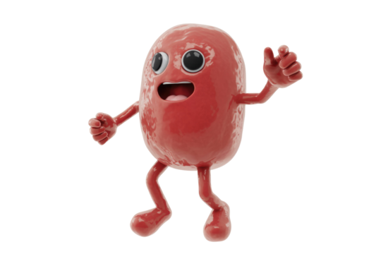 A cheerful, glossy red cartoon character with big eyes and an open mouth, dynamically posed with waving arms, exuding excitement. background removed