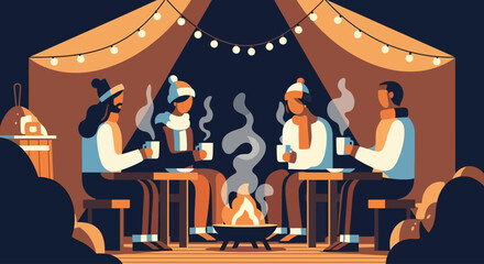 A warm and inviting flat design illustration portraying abstract figures gathered in a cozy setting at the Tollwood Winter Festival, enjoying hot drinks and communal warmth. 