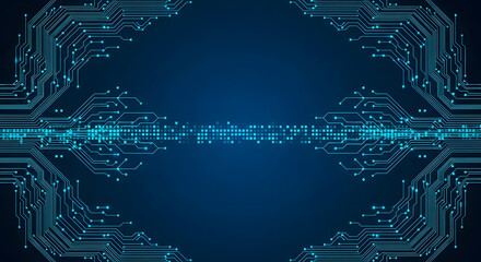 Abstract futuristic circuit board pattern with glowing blue and green digital data flow