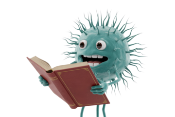 A cheerful, spiky teal microbe character with wide eyes happily reads an antique red book, symbolizing whimsical scientific learning and knowledge. background removed