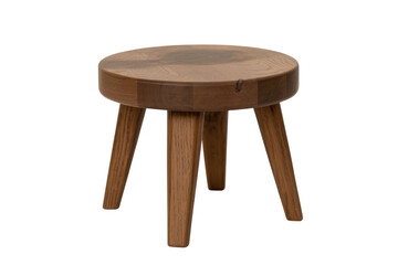 A rustic, round wooden stool with three sturdy legs and natural wood grain, isolated on a solid transparent background. background removed
