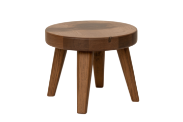 A rustic, round wooden stool with three sturdy legs and natural wood grain, isolated on a solid transparent background. background removed
