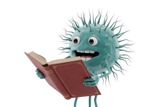 A cheerful, spiky teal microbe character with wide eyes happily reads an antique red book, symbolizing whimsical scientific learning and knowledge. background removed