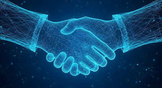 Digital partnership abstract handshake futuristic technology connection blue neon glow concept