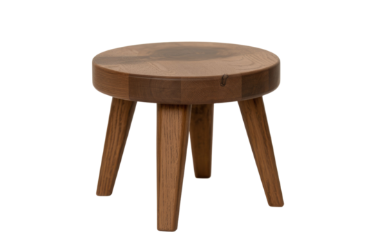 A rustic, round wooden stool with three sturdy legs and natural wood grain, isolated on a solid transparent background. background removed