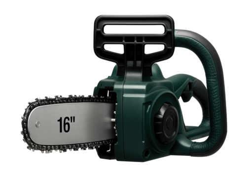 Electric chainsaw with a 16-inch bar, ideal for cutting firewood at home.
