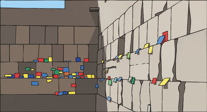 Western Wall in Jerusalem vector illustration. Jewish holy site with prayer notes tucked into the ancient stones. Simplified cartoon graphic of a religious landmark