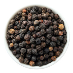 A bowl contains assorted black peppercorns, showcasing their unique shapes and colors, perfect for culinary use