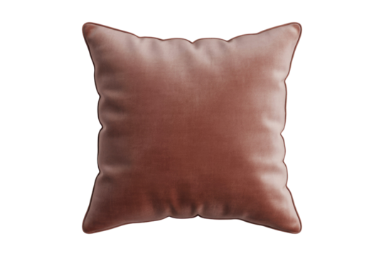 A plush, square dusty rose velvet throw pillow with decorative scalloped edges on a solid background. background removed