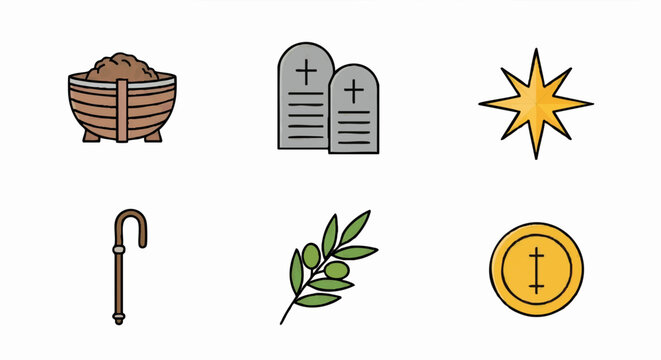 A set of biblical and Christian icons. Religious symbols including the Ten Commandments, Star of Bethlehem, and shepherd's staff. Flat cartoon vector illustration.