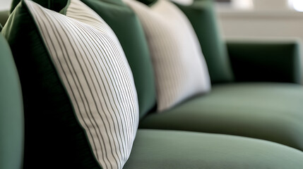 Close-up of a cozy green sofa with decorative cushions, showcasing striped & solid pillows. Green textiles add depth, creating a comfy, inviting atmosphere. Modern living