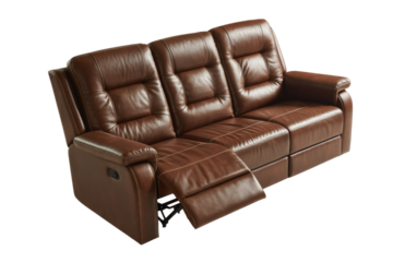A brown three-seater leather recliner sofa with padded cushions and an extended footrest, perfect for home comfort and relaxation. background removed