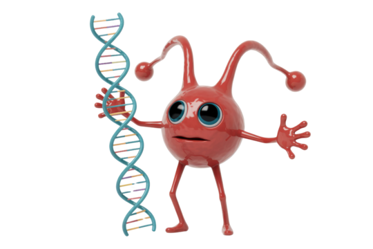 A whimsical red microbe character with antennae holds a DNA double helix, symbolizing genetics, biological research, or genetic engineering. background removed