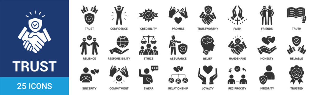 Trust icon set. Containing confidence, credibility, promise, trustworthy, friends, truth, faith, sincerity and honesty. Vector Glyph icons collection.