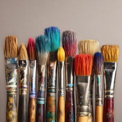 Fototapeta premium Collection of colorful paintbrushes arranged neatly on a neutral background for artistic inspiration