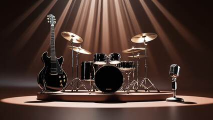 empty stage with musical instruments under a spotlight ray