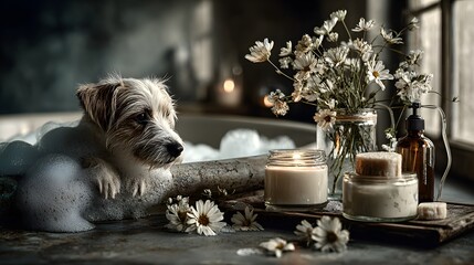 cute lapdog in bath with foam